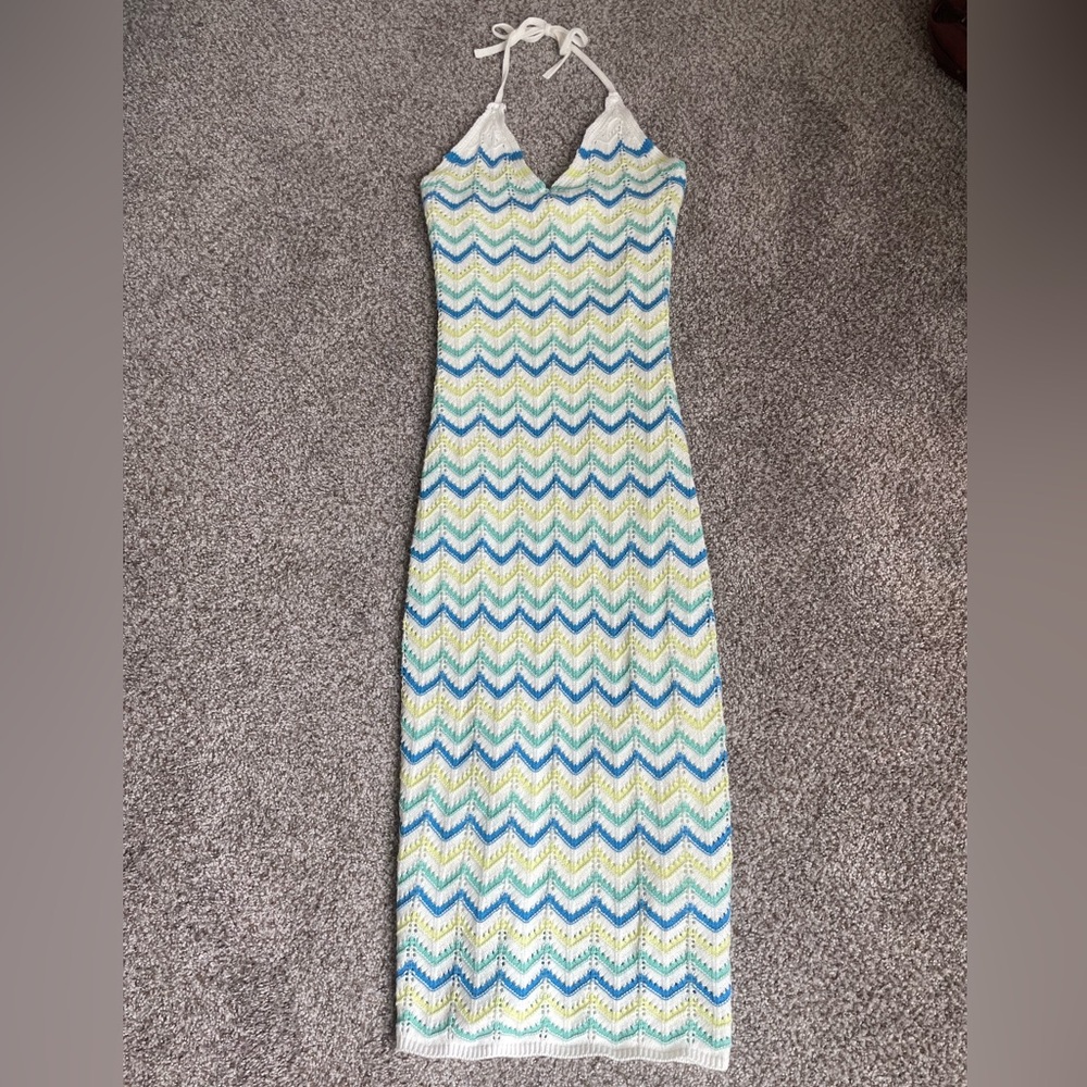 Freshman 1996 Pointelle Chevron Knit Fitted Maxi Dress Halter V-Neck‎ Size S